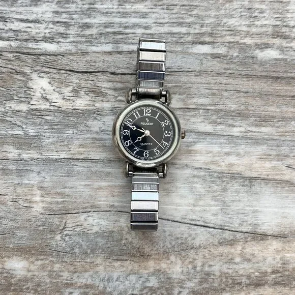 Peugeot Petite Black Dial Watch Silver Stretch Band Quartz Classic Vintage - Picture 4 of 5